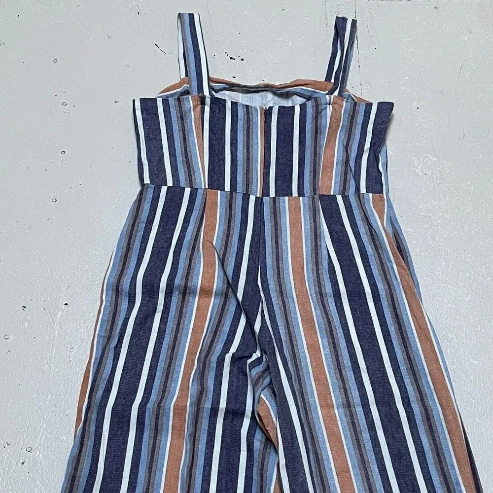 Fishbowl Jumpsuit Womens 9 Striped Strappy Linen Crop Jumper Zip Junior Overall
